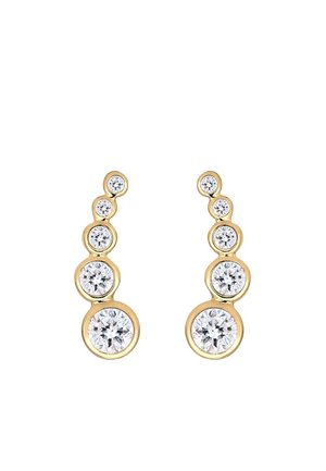 Boucles d'oreilles en or avec cinq pierres précieuses rondes et transparentes disposées en taille croissante de haut en bas sur chaque boucle, paire symétrique.