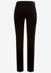 Black skinny jeans with a smooth texture. Features two back pockets and a waistband. Clean design without visible hardware or embellishments.