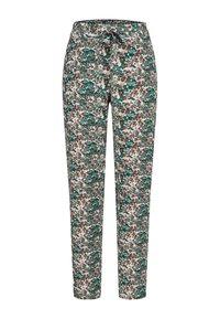 Pantalons à motifs floraux dans des teintes vertes, roses et brunes. Fabriqués en tissu doux avec une taille élastique et un cordon de serrage pour un ajustement ajustable.