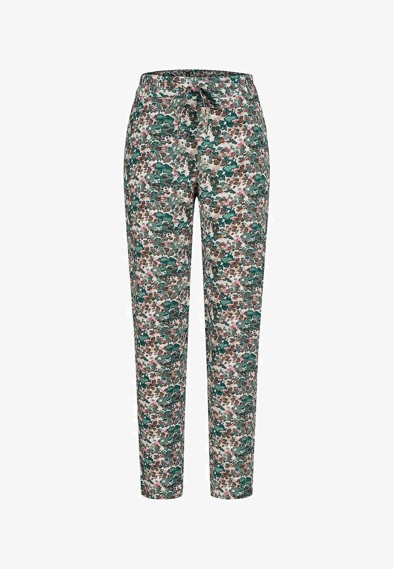 Hlače s cvetličnim potiskom v zelenih, roza in rjavih odtenkih. Narejene iz mehkega materiala z elastičnim pasom in vezalko za prilagodljivost.