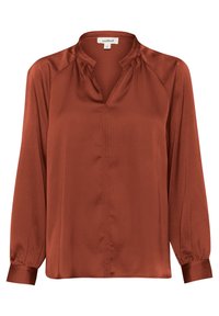 Blusa a maniche lunghe di colore ruggine con una parziale abbottonatura, texture morbida, leggero lucido e dettagli arricciati sul colletto e sulle maniche.