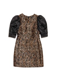 Φόρεμα με λεοπάρ μοτίβο, κοντά φουσκωτά μανίκια, υφή μαύρου σατέν, στρογγυλή λαιμόκοψη και εφαρμοστή γραμμή. Διαθέτει κλείσιμο στην πλάτη.