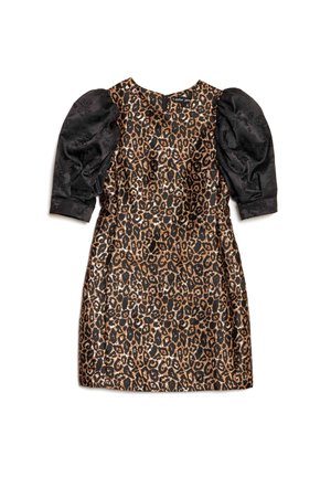 Robe imprimé léopard avec manches courtes bouffantes, texture satin noir, encolure ronde et silhouette ajustée. Dispose d'une fermeture au dos.