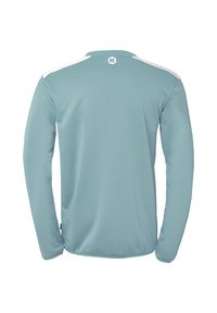 Lichtblauw overhemd met lange mouwen, met een gladde textuur, witte accenten op de schouders en een cirkelvormig logo op de bovenrug.