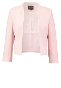 Blazer rosa corto con una texture liscia, davanti aperto e spalle strutturate. Caratterizzato da maniche lunghe e senza chiusure. Interno foderato.