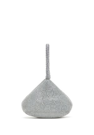 Zilveren driehoekige avondclutch met polsbandje, volledig bedekt met kleine glinsterende strass-steentjes, getoond op een witte achtergrond.