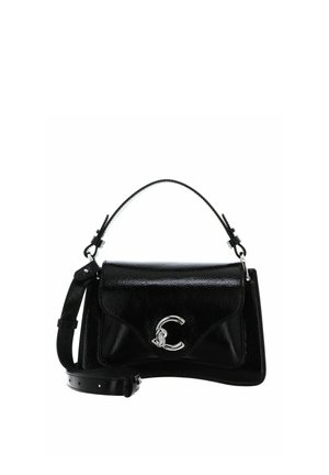 Borsa a mano in pelle nera con manico superiore, tracolla rimovibile e fibbia decorativa argentata sulla patta frontale.