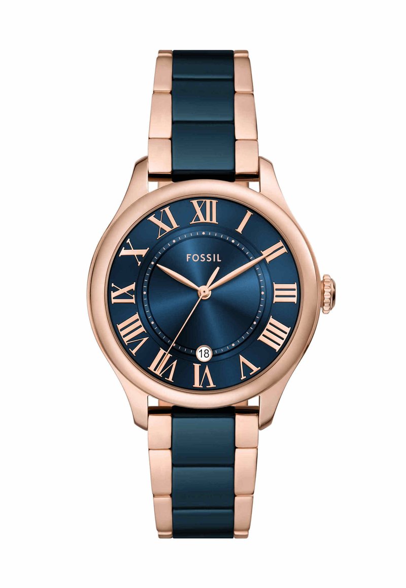 Montre en acier inoxydable rose gold avec un cadran bleu marine, des chiffres romains, une fenêtre de date et un bracelet à maillons bleu marine.