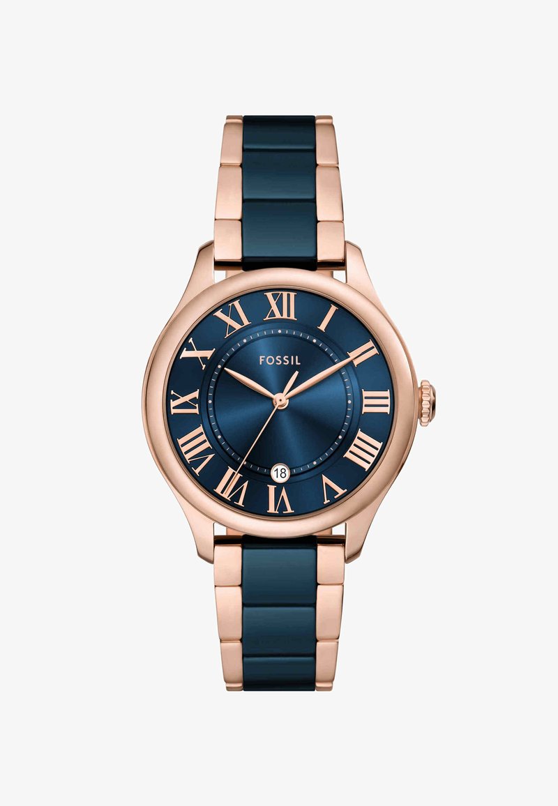 Roségoldene Armbanduhr aus Edelstahl mit dunkelblauem Zifferblatt, römischen Ziffern, Datumsanzeige und dunkelblauem Gliederarmband.