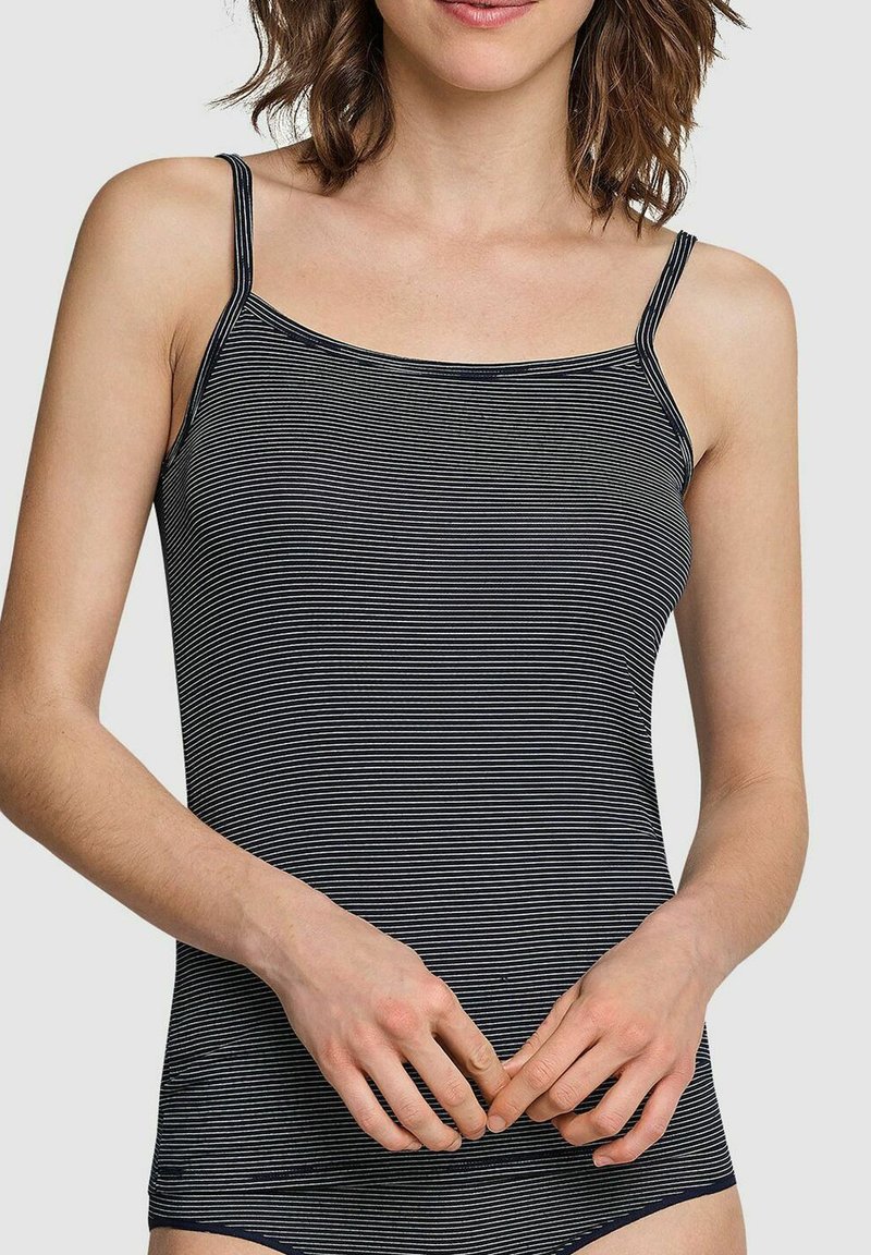 Navy and white striped tank top with thin straps. Smooth fabric, fitted design, featuring a straight neckline and simple, clean lines.