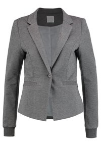 Grå blazer av mjukt tyg, med en spetsig krage, enkel knappstängning och randig invändig foder. Långa ärmar med åtsittande manschetter.