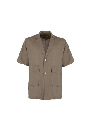 Blazer color taupe a maniche corte con due tasche anteriori con pattina e due bottoni bianchi, realizzato in tessuto leggero.