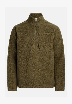 Fleece pullover in olijfgroen, met een halve ritssluiting en een borstzak aan de linkerkant. Getextureerd, zacht materiaal met een relaxte pasvorm.