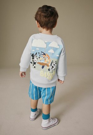 Tout-petit portant un sweat-shirt blanc avec des chiens dessinés en cartoon sur une balançoire, un short rayé bleu, des chaussettes turquoise et des baskets blanches, debout sur un sol beige.