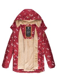 Röd jacka med blommönster, mjuk beige innerfoder, dragkedjestängning och huva. Har en etikett inuti med skötselanvisningar.