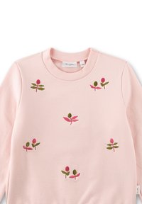 Hellrosa Sweatshirt mit Rundhalsausschnitt, versehen mit floralem Stickerei in Pink, Grün und Burgunderrot. Weiche Textur, lockere Passform.
