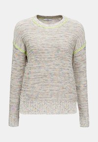 Stickad tröja i ljusa flerfärgade nyanser med en texturerad yta, med rund hals och neongröna detaljer längs halsringningen och ärmarna.