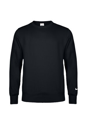 Schwarzes, schlichtes Sweatshirt mit langen Ärmeln und Rundhalsausschnitt, mit gerippten Bündchen und Saum, mit kleinem weißem Nike-Swoosh am linken Ärmel.