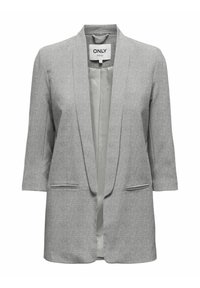 Szary żakiet o usztywnionej konstrukcji, z kołnierzem szalowym, rękawami o długości trzy czwarte oraz dwiema przednimi kieszeniami. Gładka podszewka.