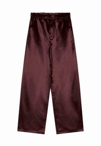Burgundiškos laisvos satino kelnės su plačia kojų forma, pasižyminčios elastinga juosmeniu ir sklandžia tekstūra. Nėra matomų kišenių ar puošybos elementų.