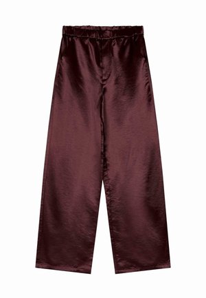 Burgunderfarbene fließende Satin-Hosen mit weitem Bein, ausgestattet mit einem elastischen Bund und glatter Textur. Keine sichtbaren Taschen oder Verzierungen.