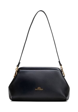 Sac d'épaule Wittchen en cuir noir avec ferrures dorées et bandoulière amovible, présentant une forme trapézoïdale structurée.