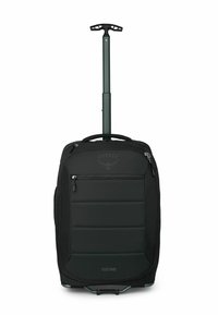 Zaino su ruote Osprey Ozone, tessuto nero, pannello frontale imbottito, manico verde retrattile, scomparti con zip, base resistente con ruote.