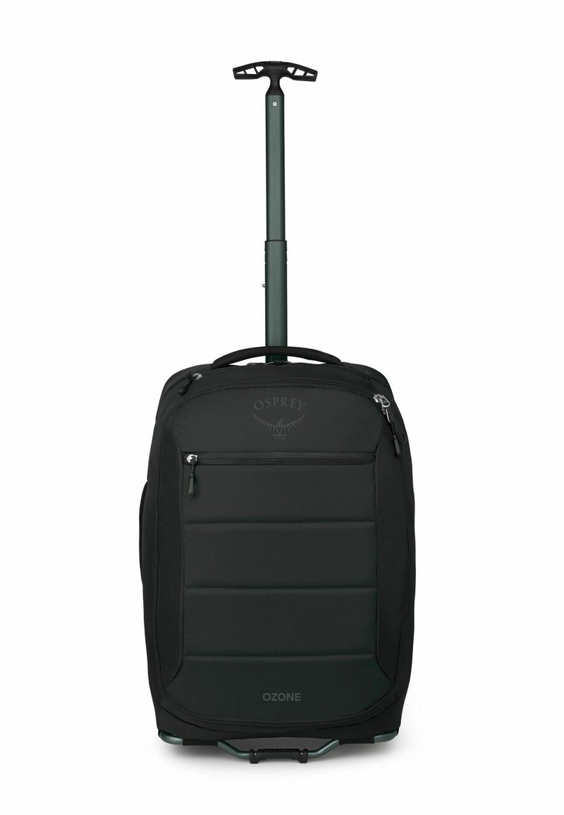 Zaino su ruote Osprey Ozone, tessuto nero, pannello frontale imbottito, manico verde retrattile, scomparti con zip, base resistente con ruote.