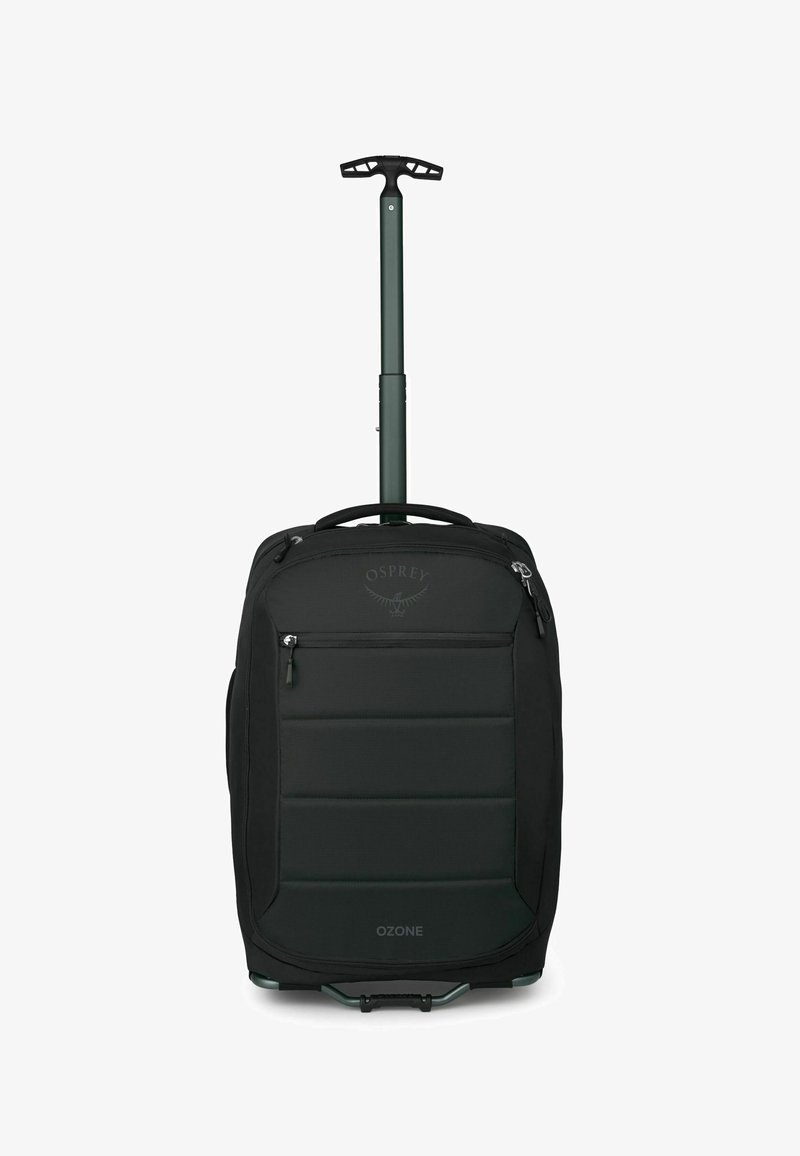 Osprey Ozone Radrucksack mit Rollen, schwarzer Stoff, gepolstertes Vorderpanel, ausziehbarer grüner Griff, mit Reißverschlüssen versehene Fächer, strapazierfähiger Boden mit Rollen.