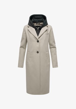 Beige lange jas met een getailleerd ontwerp, een grijze capuchon, twee zijzakken, een enkele knoopsluiting, en subtiele branding op de mouw.