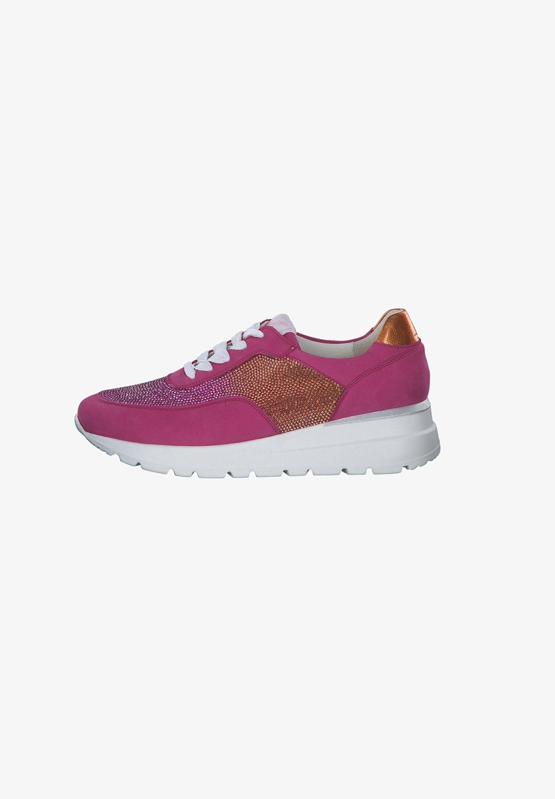 Pink suede sneaker with a mesh upper, metallic orange accents, white laces, and a thick white sole. Features a textured, patterned design.