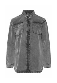 Szara koszula z dżinsu z kołnierzykiem na guziki, dwoma kieszeniami na piersiach, długimi rękawami i zaokrąglonym hemem. Charakteryzuje się lekko zniszczoną teksturą.