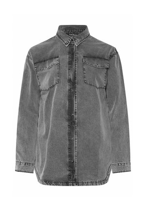 Harmaa farkkupaita, jossa on napillinen kaulus, kaksi rintataskua, pitkät hihat ja kaareva helma. Paidassa on hieman kulunut pinta.