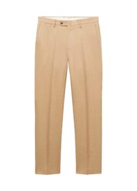 Pantalones de lino beige con corte recto, que presentan dos pliegues frontales, cierre de botón y bolsillos laterales. Textura suave y ligero.