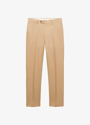 Beige Leinenhose mit geradem Bein, ausgestattet mit zwei Frontfalten, einem Knopfverschluss und seitlichen Taschen. Glatte Textur und leicht.