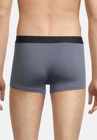 Gray boxer shorts with a black elastic waistband, smooth texture, and a fitted design, featuring no visible patterns or accents.
