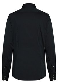 Schwarzes Langarmshirt mit hohem Kragen, glattem Stoff und geknöpften Manschetten. Hat ein schlichtes Design ohne Muster oder Akzente.
