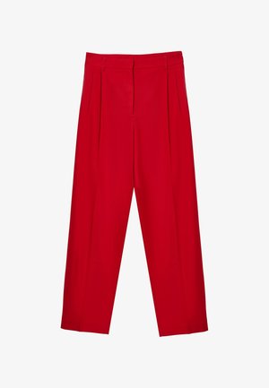 Red trousers with a tailored design, pleated front, and straight legs. Made from smooth fabric with clean finishes and no visible hardware.