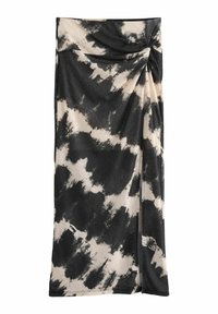 Jupe maxi tie-dye noire et beige en tissu doux ; présente un détail en nœud twisté à la taille et une fente sur le côté pour un bon mouvement.