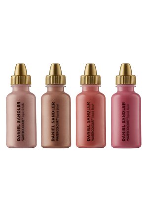Fire små flasker af Daniel Sandler Watercolour flydende blush i forskellige lyserøde og nudes nuancer med guld drypper låg.