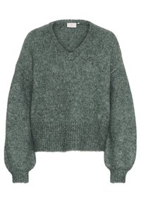 Pullover mit V-Ausschnitt in Dunkelgrün, aus weichem Strickstoff gefertigt. Verfügt über eine lockere Passform sowie gerippte Bündchen und Saum.