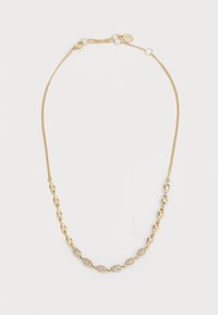 Gouden ketting met een afwisseling van gladde en gestructureerde schakels, met een gedeelte van heldere, sprankelende accenten. Verstelbare sluiting.
