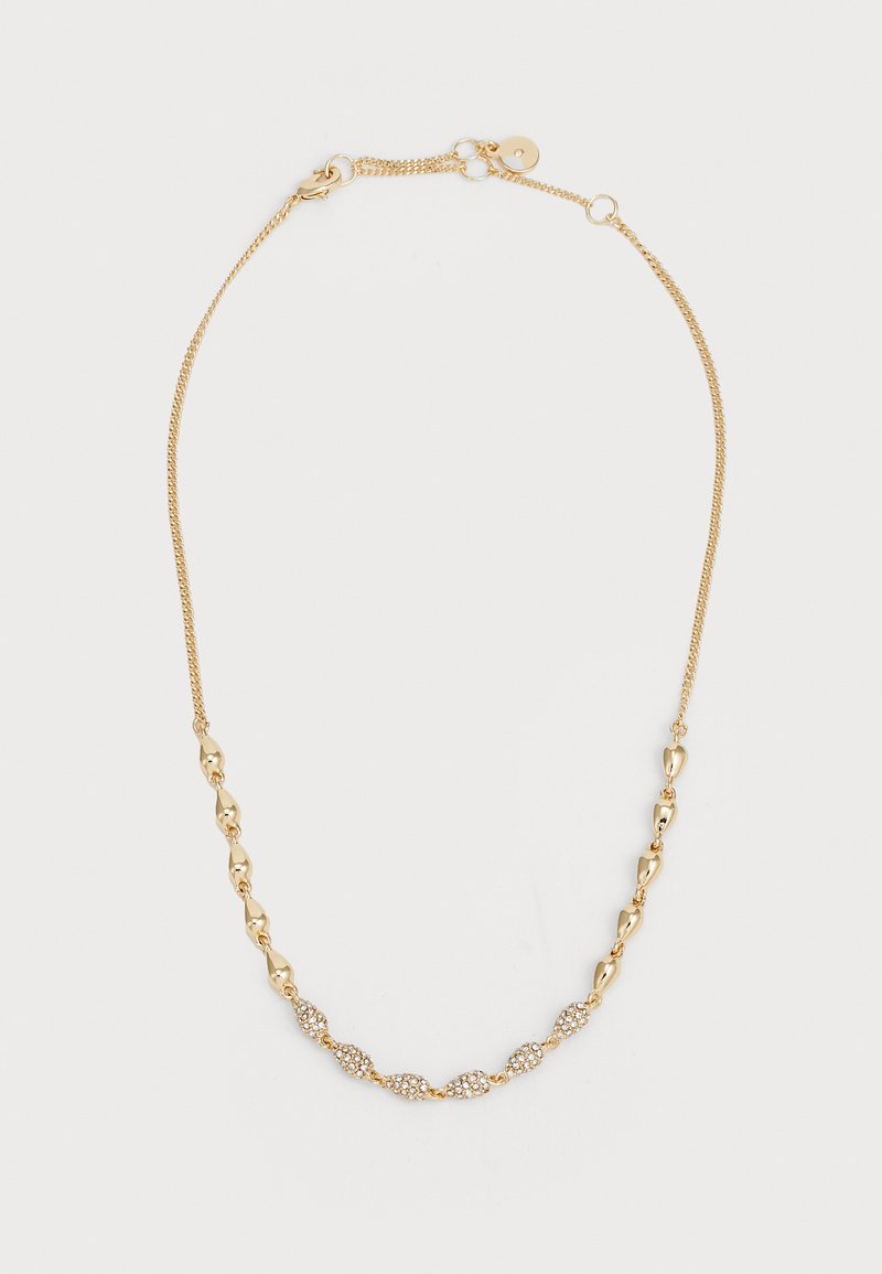 Gouden ketting met een afwisseling van gladde en gestructureerde schakels, met een gedeelte van heldere, sprankelende accenten. Verstelbare sluiting.