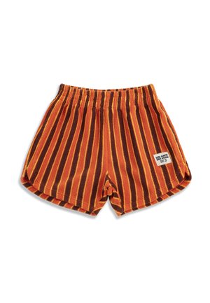 Orange frottéshorts med lodrette mørkerøde og gule striber og elastik i taljen, med en lille hvid logopatch foran.