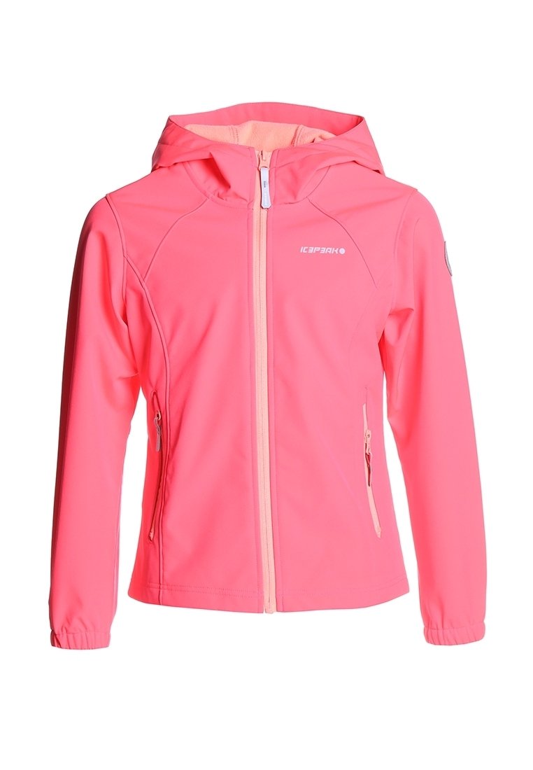Chaqueta con capucha de color rosa brillante, con cremallera frontal, bolsillos laterales con cremallera, puños elásticos y el logo "ICEPEAK" en el pecho.