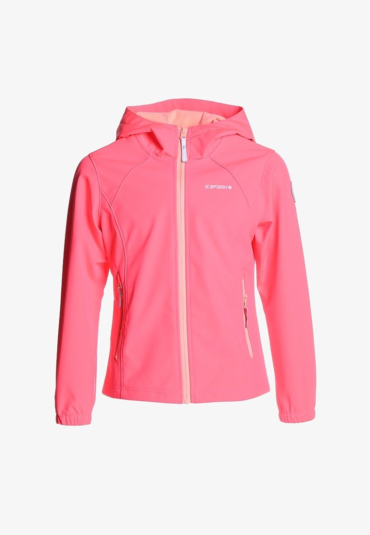 Chaqueta con capucha de color rosa brillante, con cremallera frontal, bolsillos laterales con cremallera, puños elásticos y el logo "ICEPEAK" en el pecho.