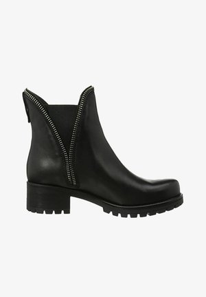Zwarte leren enkelboots met een ronde neus en een stevige rubberen zool, met een verticale ritsdetails en elastische zijpanelen.