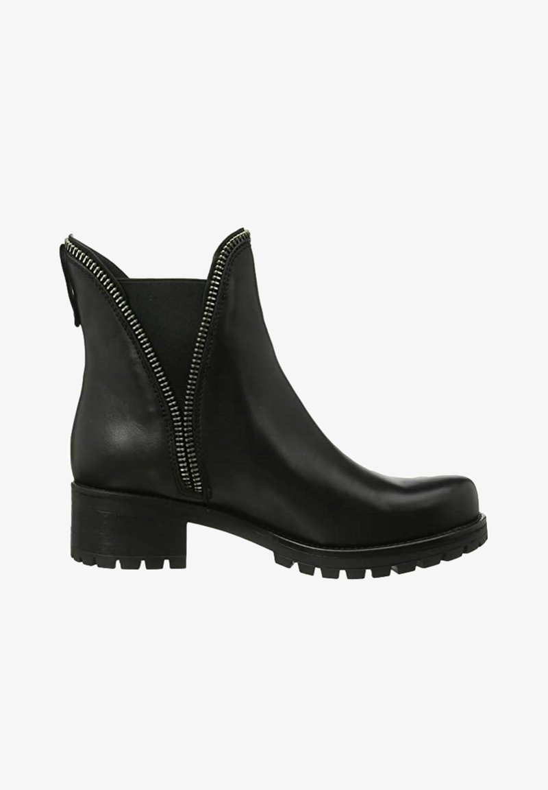 Bottines en cuir noir avec un bout arrondi et une semelle en caoutchouc épaisse, dotées d'un détail de fermeture éclair vertical et de panneaux latéraux élastiques.