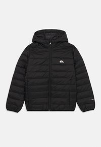 Black quilted hooded jacket with full front zipper and elastic cuffs, featuring a small white logo on the chest and sleeve.