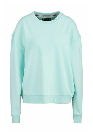 Licht muntgroen sweatshirt, oversized pasvorm, ronde halslijn, ribgebreide manchetten en zoom. Zachte stof met minimale branding op de borst.